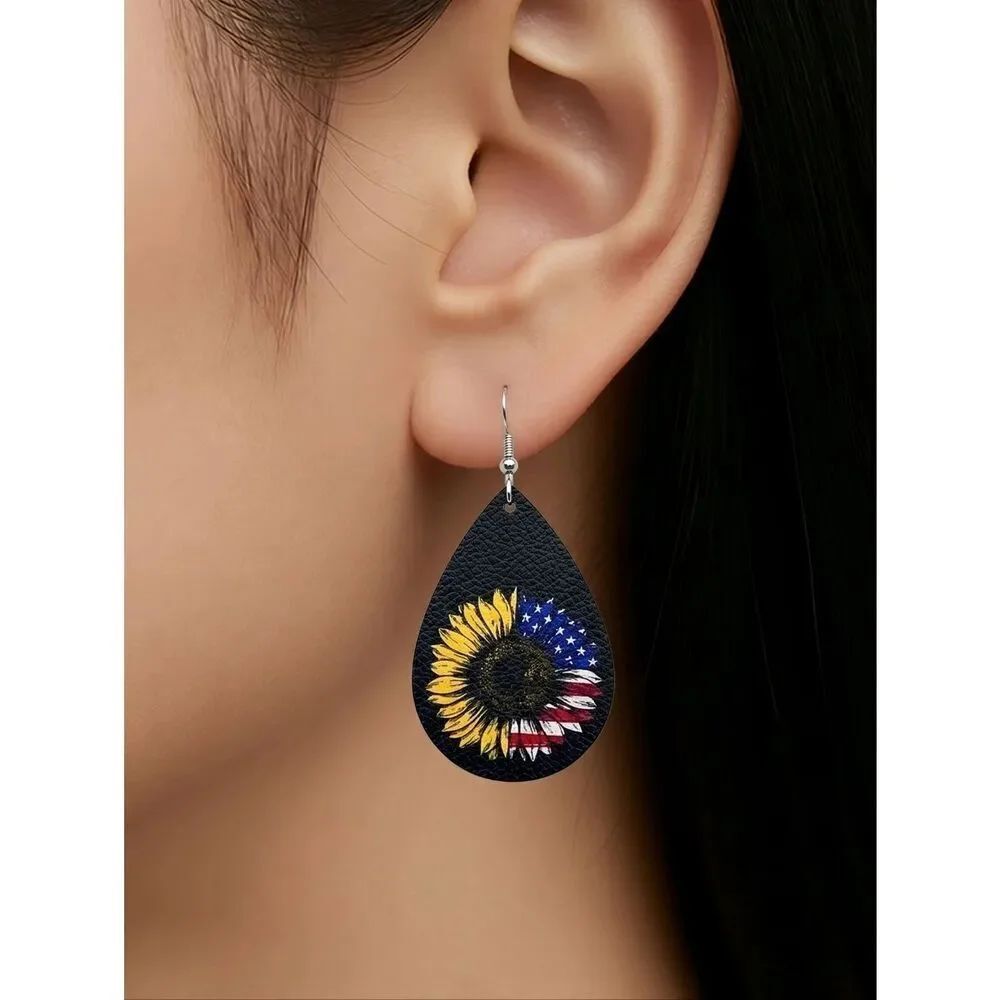 American Flag Sunflower Earrings Leather Dangle Drop Ear Jewelry USA Patriotic